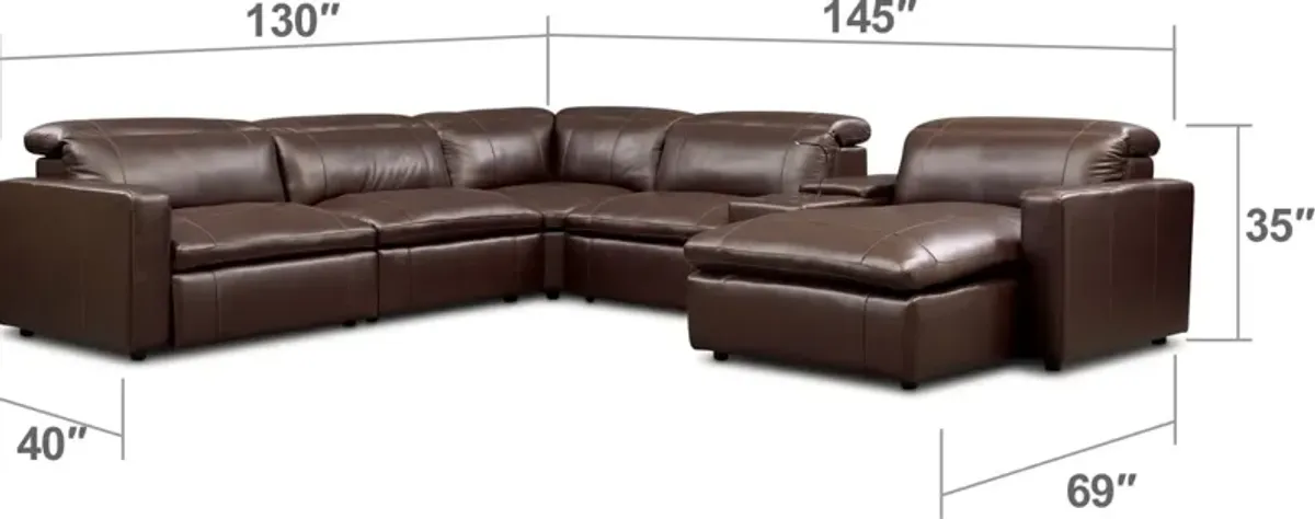 Happy 6-Piece Dual-Power Reclining Sectional with Right-Facing Chaise and 2 Reclining Seats - Brown