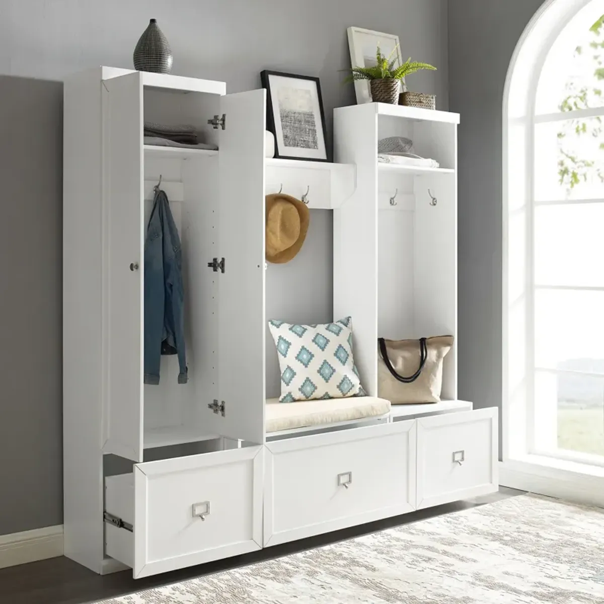 Caddie Pantry, Hall Tree, Bench, and Shelf Set