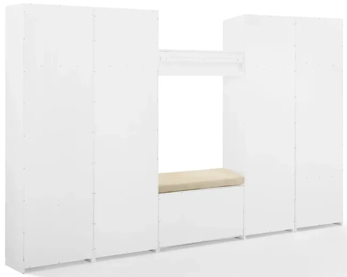 Caddie 6-Piece Entryway Set with Bench, Shelf, 2 Hall Trees and 2 Closets - White