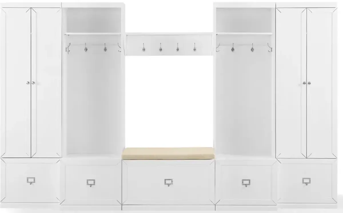 Caddie 6-Piece Entryway Set with Bench, Shelf, 2 Hall Trees and 2 Closets - White