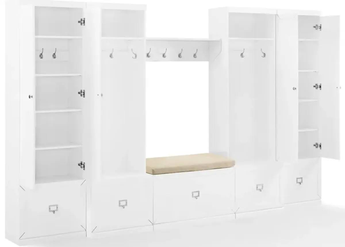 Caddie 6-Piece Entryway Set with Bench, Shelf, 2 Hall Trees and 2 Closets - White