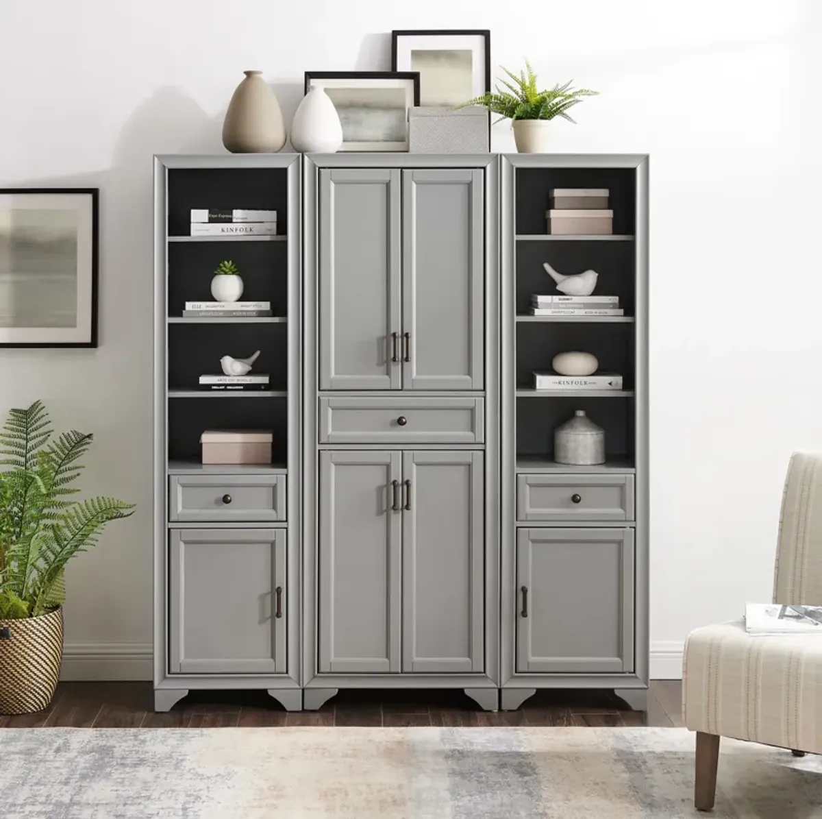 Pierre Pantry and 2 Linen Cabinets Set - Gray