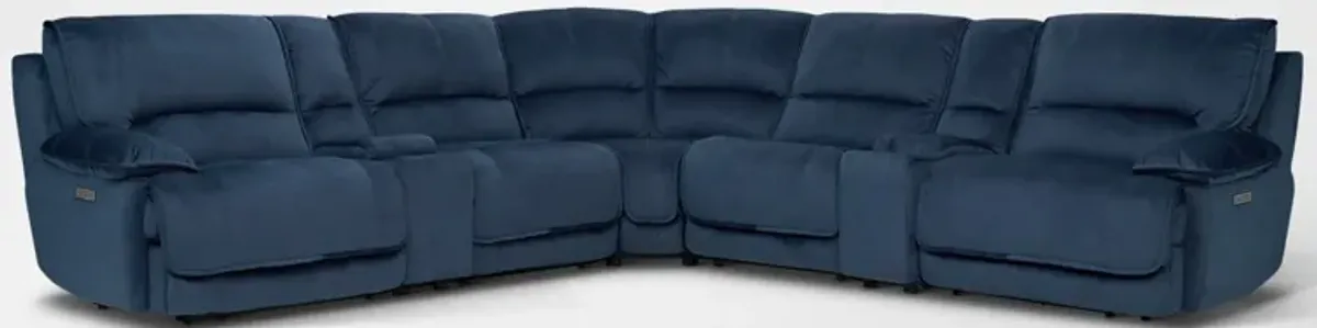 Olsen Dual-Power 7-Piece Reclining Sectional with 2 Consoles - Indigo