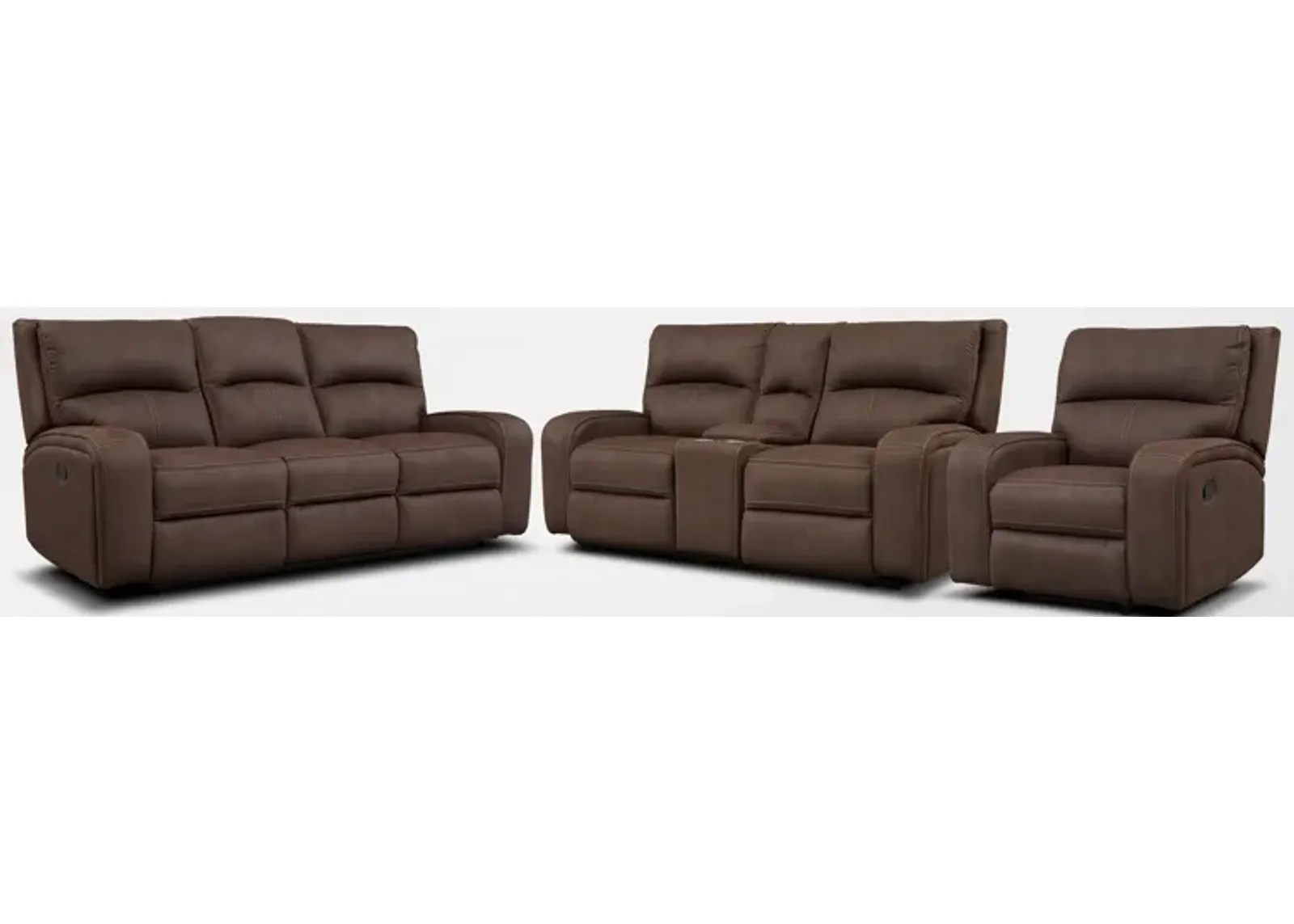 Burke Manual Reclining Sofa, Loveseat with Console and Recliner - Brown