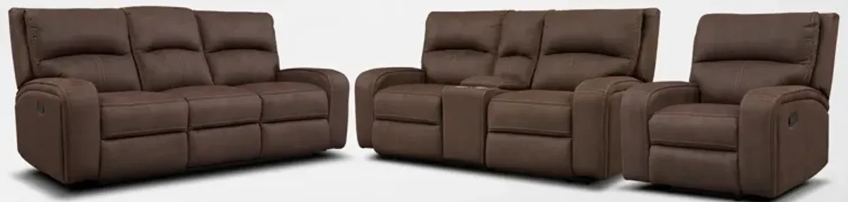 Burke Manual Reclining Sofa, Loveseat with Console and Recliner - Brown