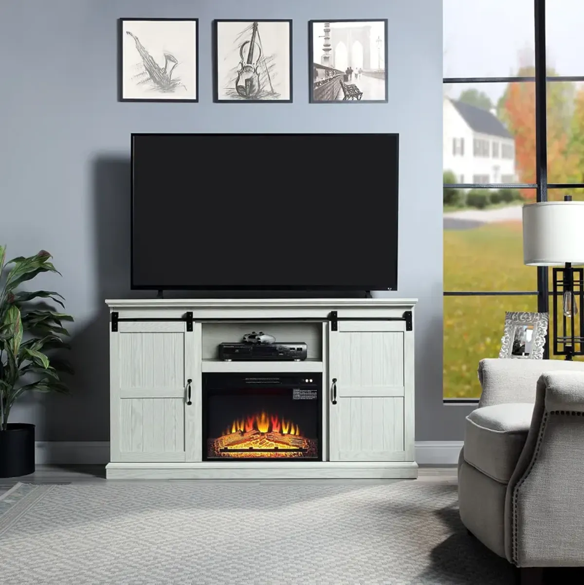 Janelle TV Stand with Fireplace - Cream