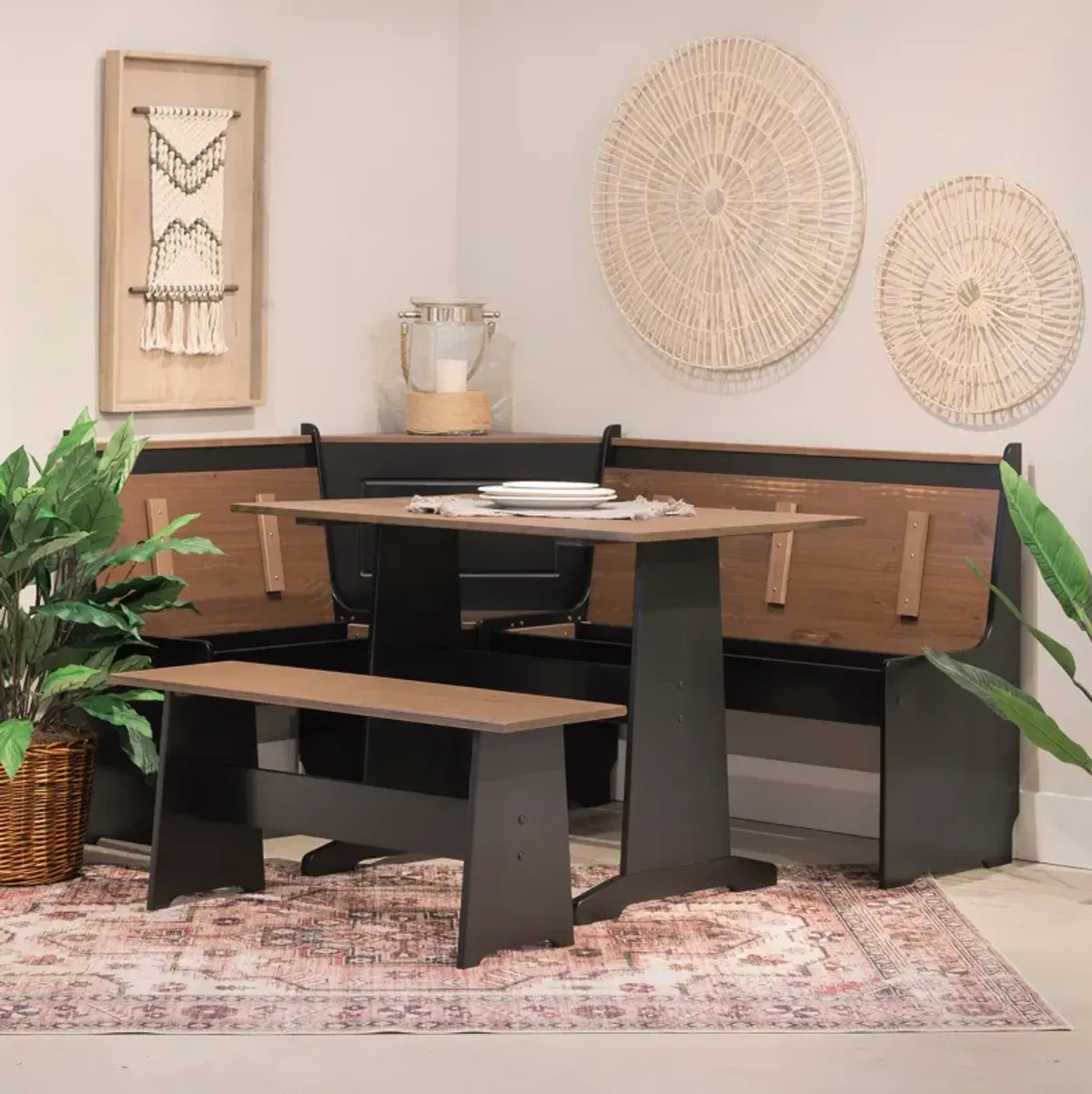 Pent Dining Table, Banquette and Bench - Black/Brown