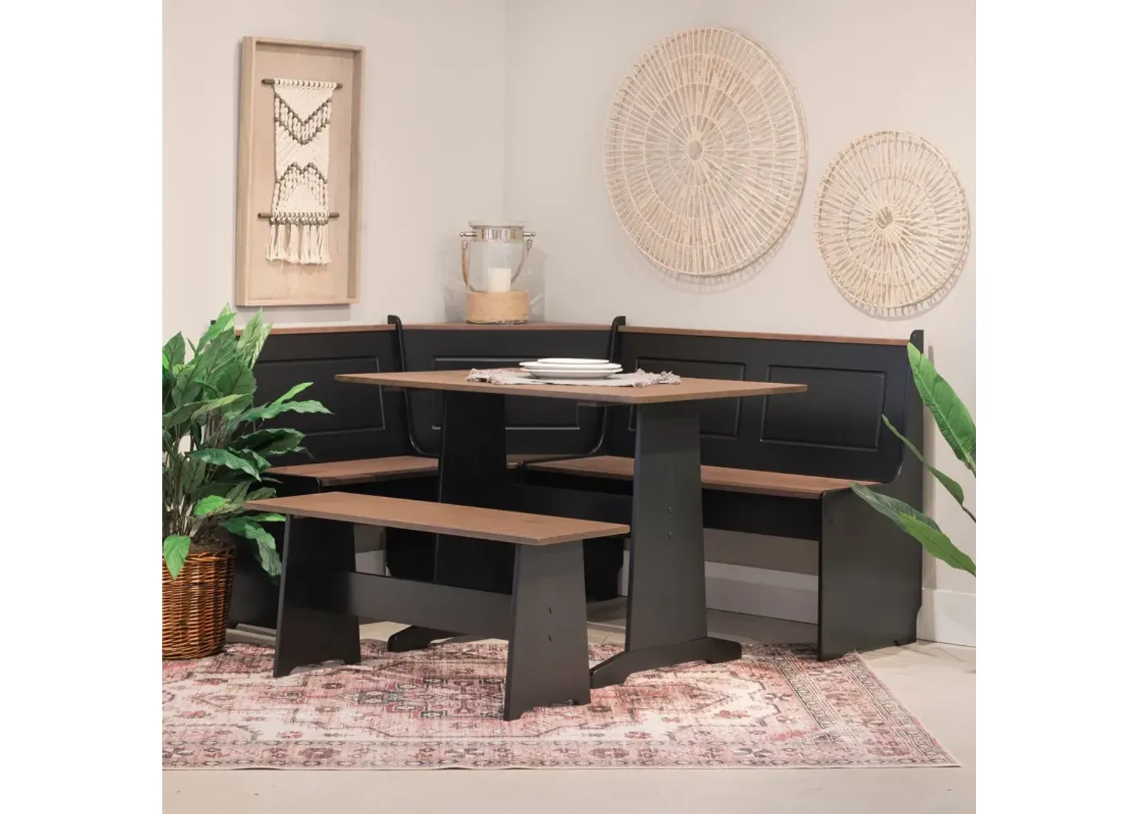 Pent Dining Table, Banquette and Bench - Black/Brown