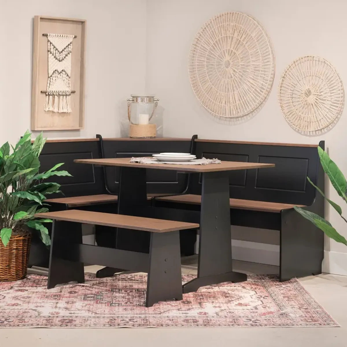 Pent Dining Table, Banquette and Bench - Black/Brown