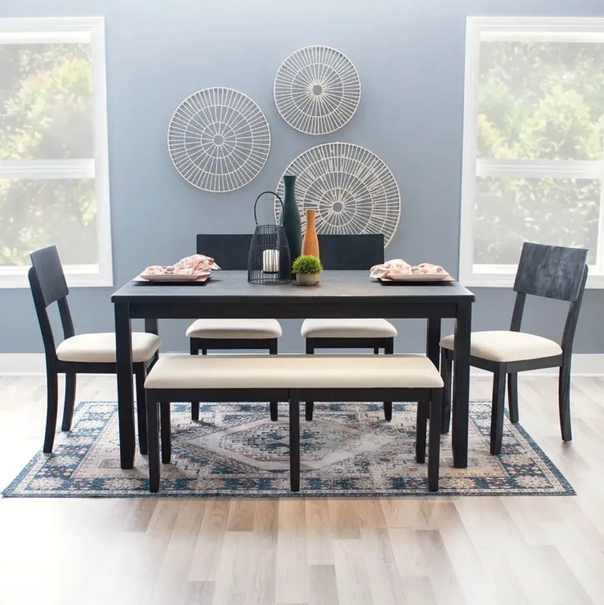 Rozon Dining Table, 4 Side Chairs and Bench - Dark Cherry