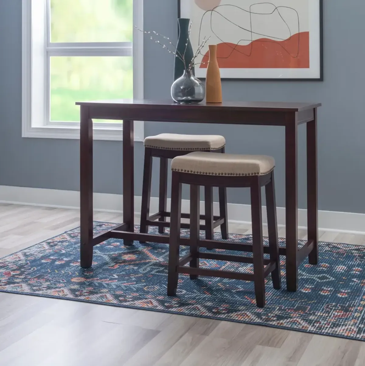 Wilcox Counter-Height Dining Table and 2 Backless Stools - Walnut/Linen