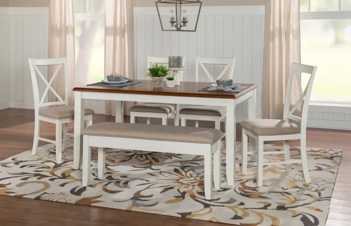 Bassett Dining Table and 4 X-Back Chairs and Bench - Honey/White