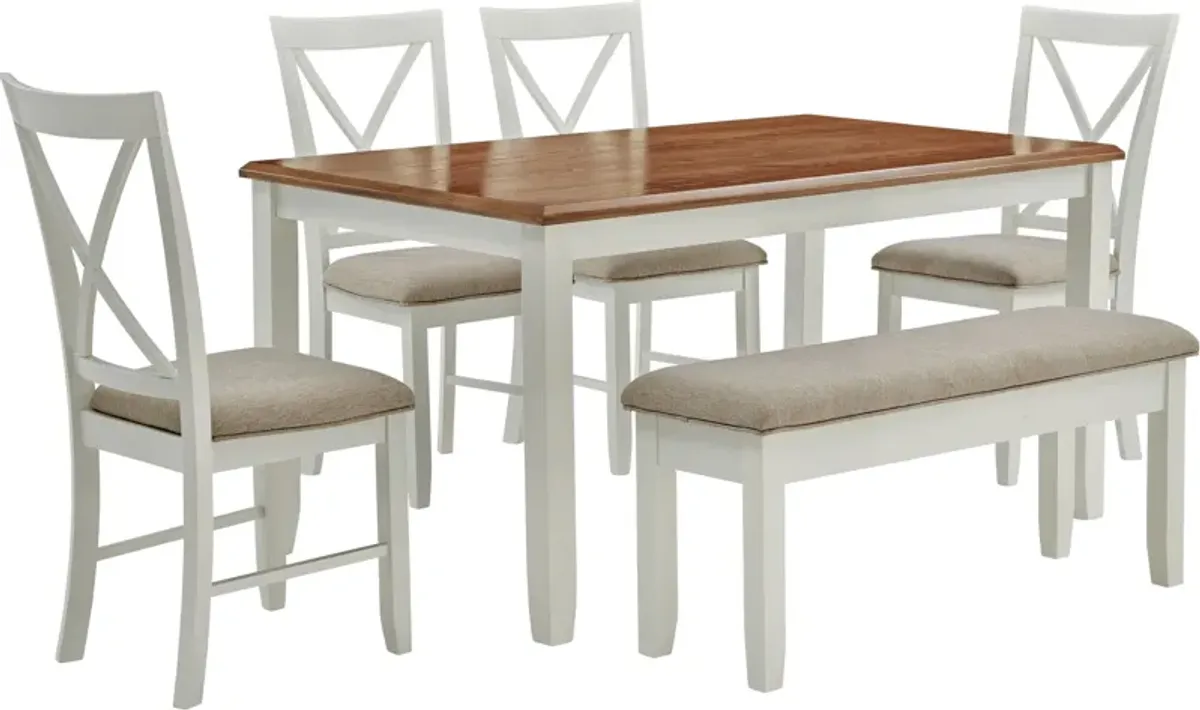 Bassett Dining Table and 4 X-Back Chairs and Bench - Honey/White