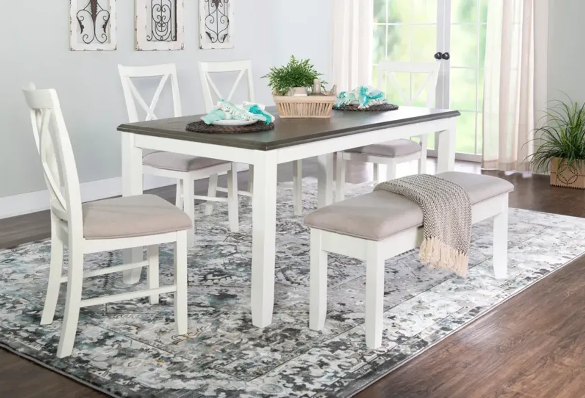 Bassett Dining Table and 4 X-Back Chairs and Bench - Gray/White