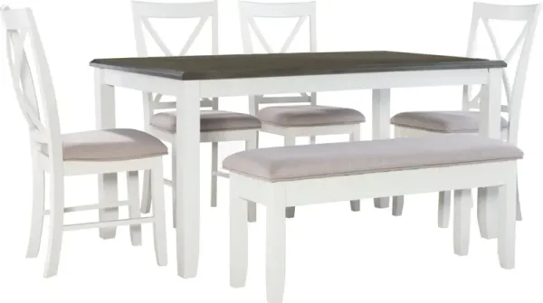 Bassett Dining Table and 4 X-Back Chairs and Bench - Gray/White