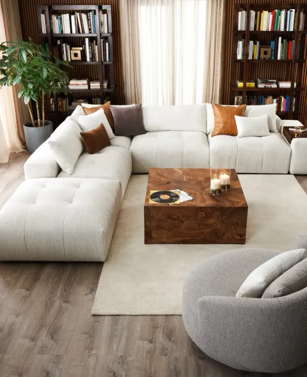 Bliss 6-Piece Sectional, Floating Armrest with Tray Table and Ottoman Set - Ivory