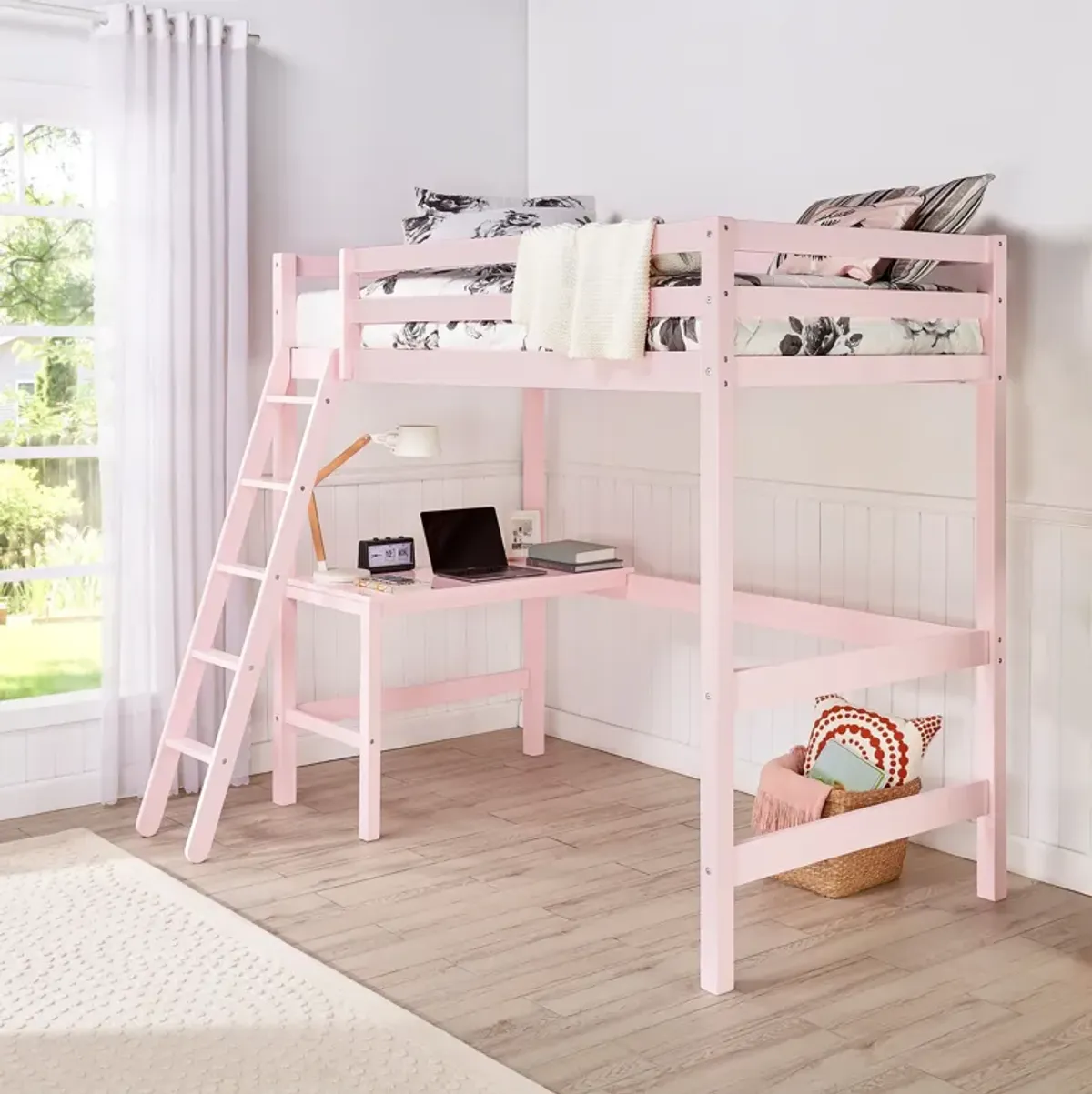 Elara Twin Loft Bed with Desk - Pink