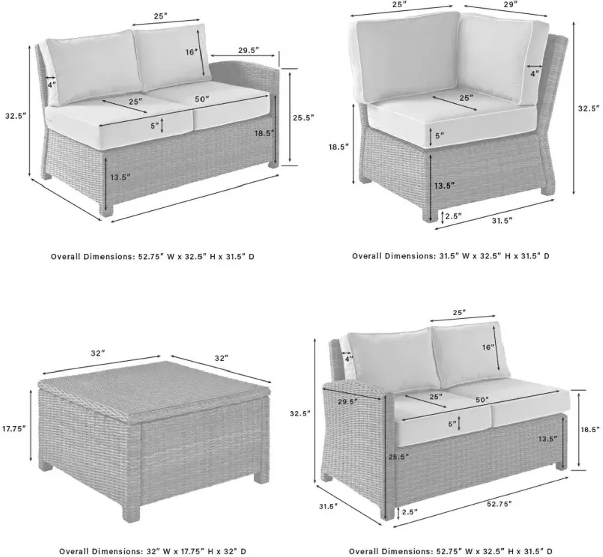 Destin 3-Piece Outdoor Sectional and Coffee Table Set - White/Brown