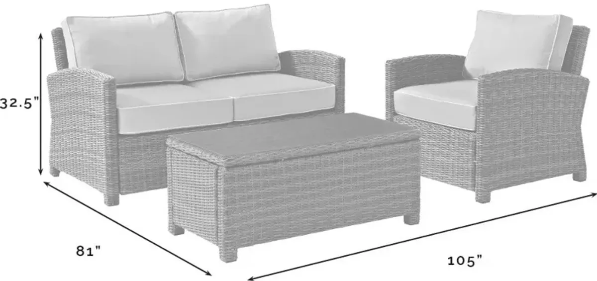 Destin Outdoor Loveseat, Chair and Coffee Table Set - White/Brown