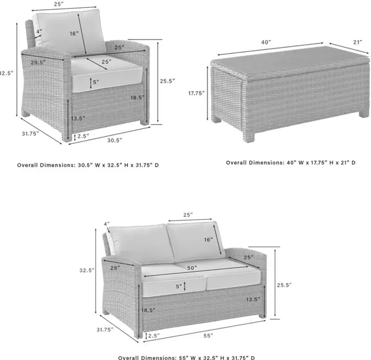 Destin Outdoor Loveseat, Chair and Coffee Table Set - White/Brown