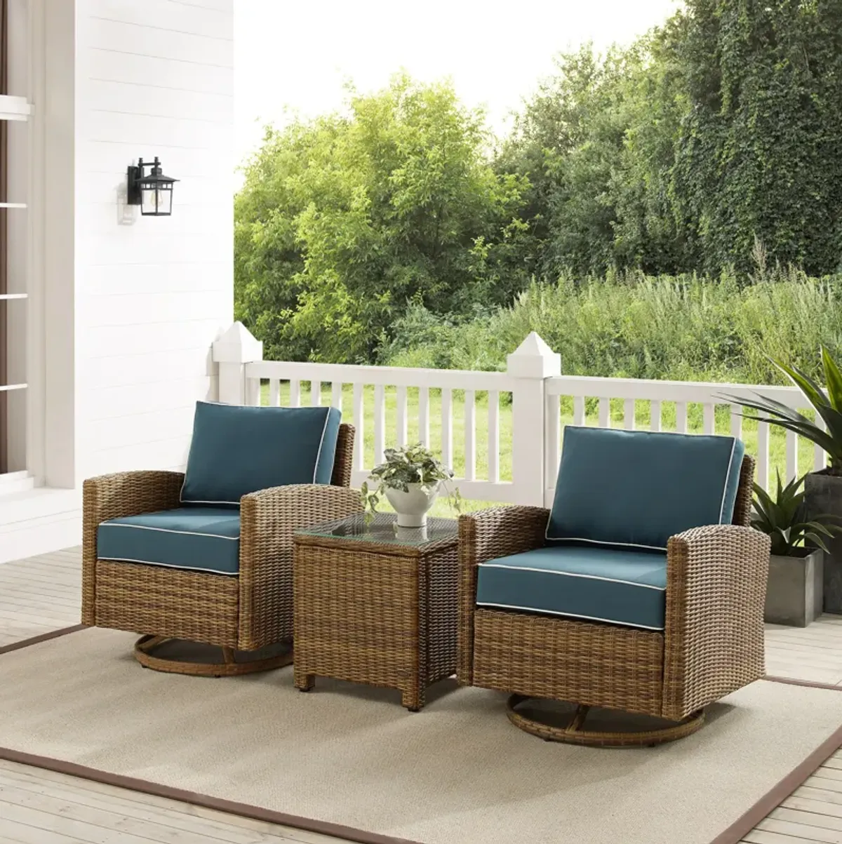 Destin 3-Piece Outdoor Set with 2 Swivel Rockers and End Table - Navy/Brown