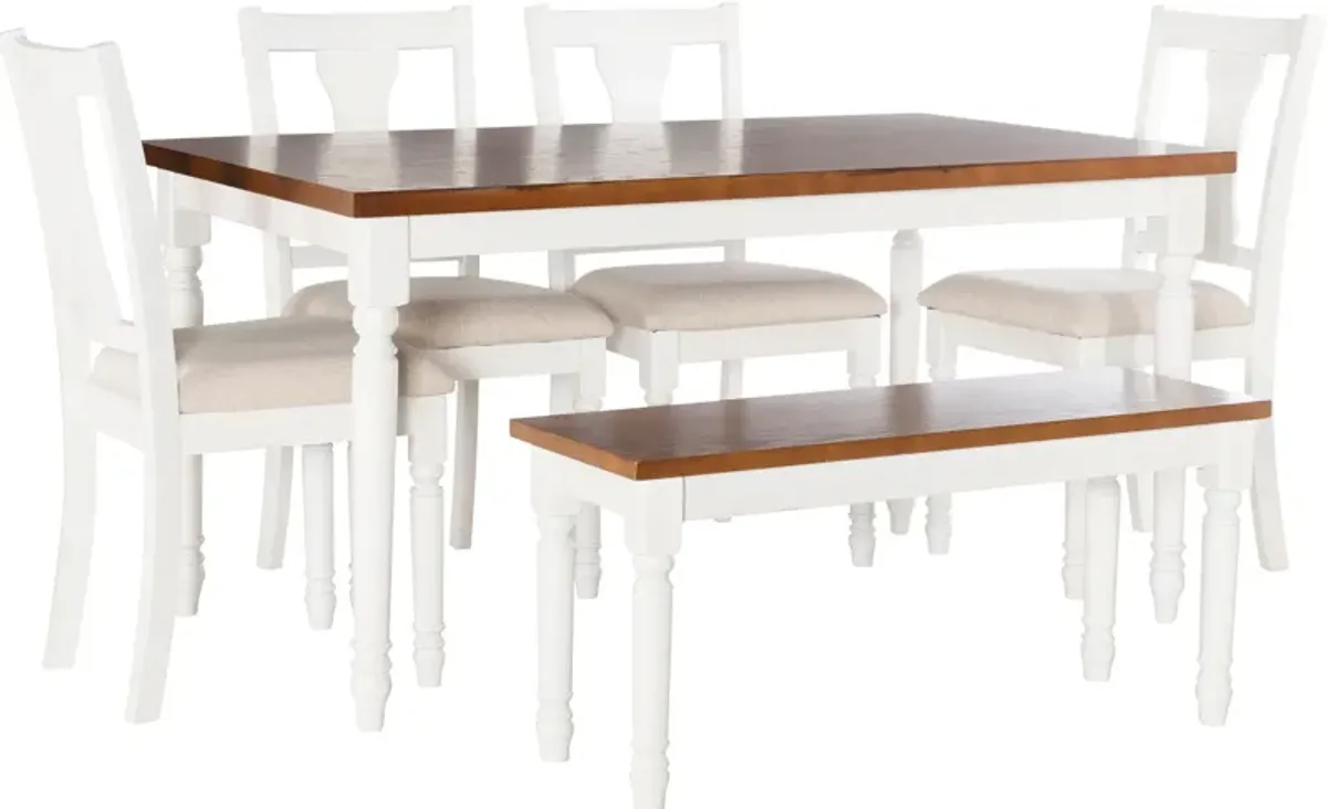 Clayes Dining Table, 4 Chairs and Bench - White and Brown