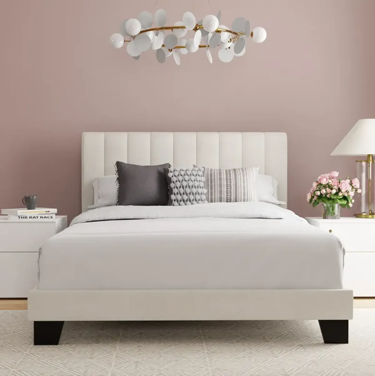 Oslo Queen Upholstered Platform Bed - Cream