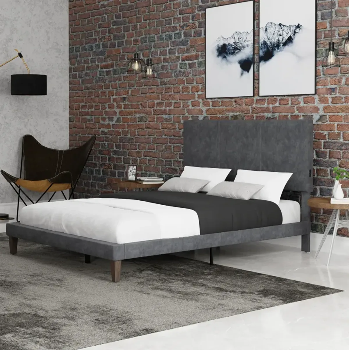 Journey Full Upholstered Platform Bed with USB Charging