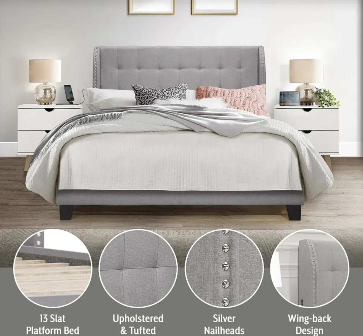 Marietta Queen Upholstered Platform Bed with USB Charging - Gray