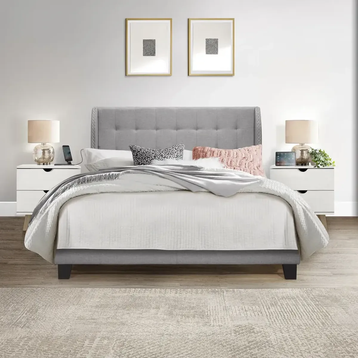 Marietta Queen Upholstered Platform Bed with USB Charging - Gray