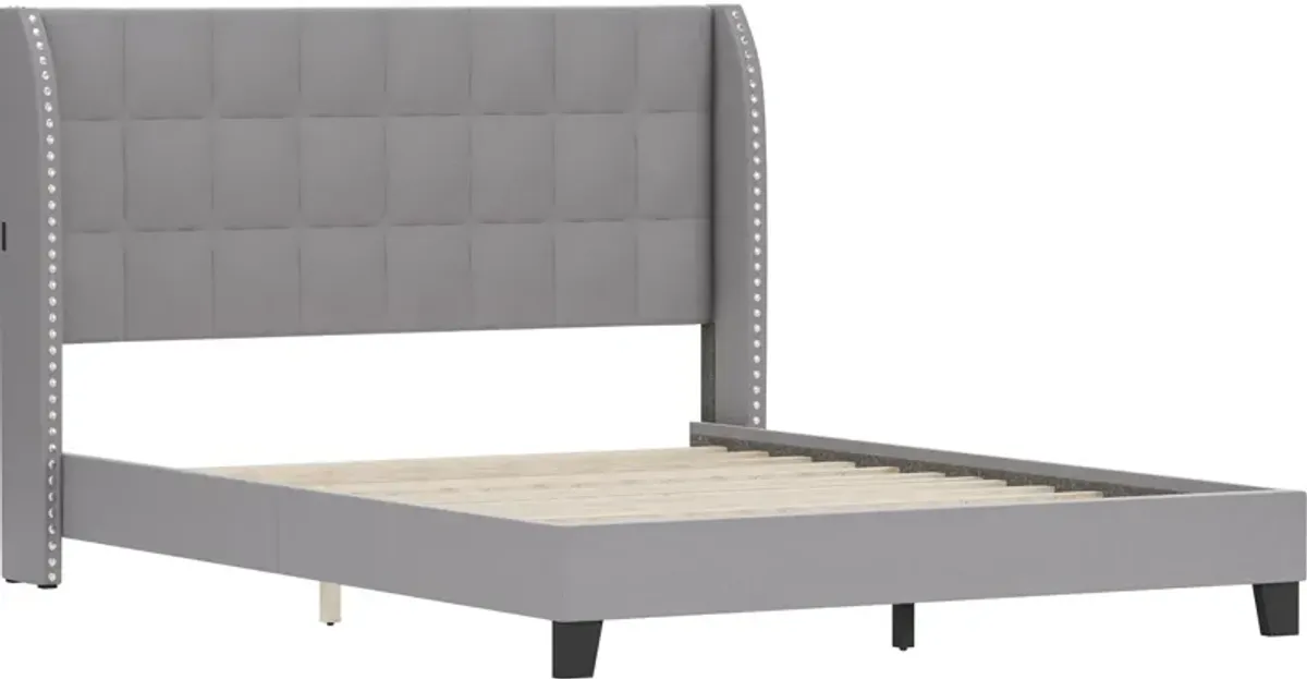 Marietta Queen Upholstered Platform Bed with USB Charging - Gray