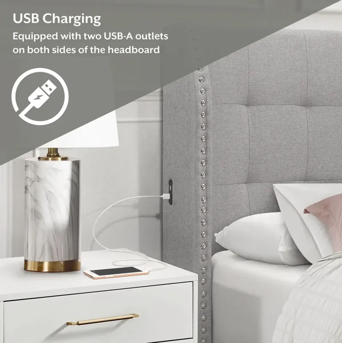 Marietta Queen Upholstered Platform Bed with USB Charging - Gray