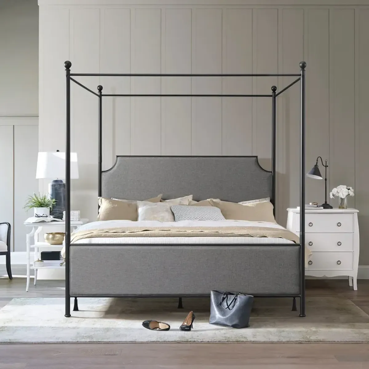 Elena King Upholstered Canopy Bed - Gray/Black