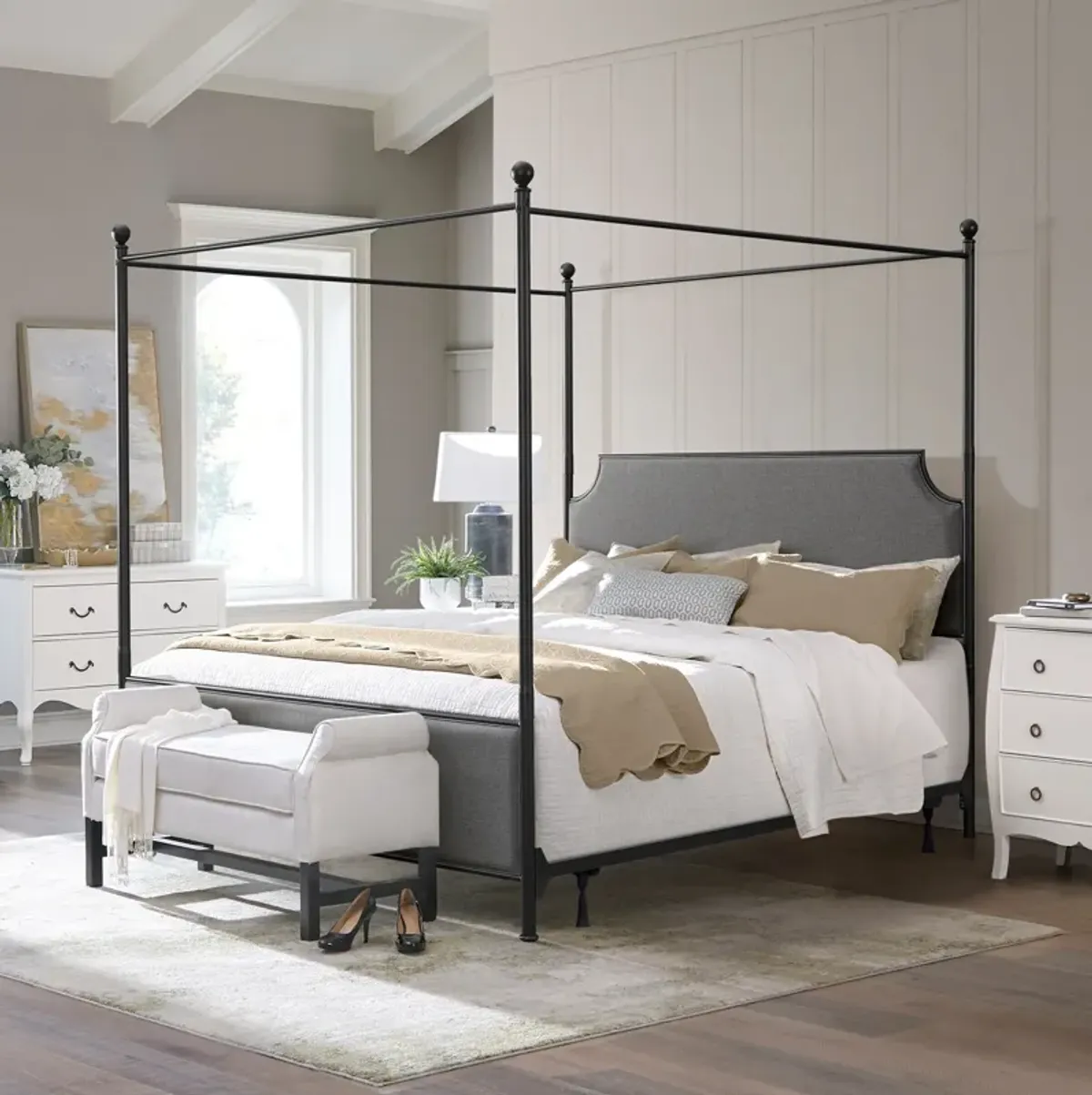 Elena King Upholstered Canopy Bed - Gray/Black