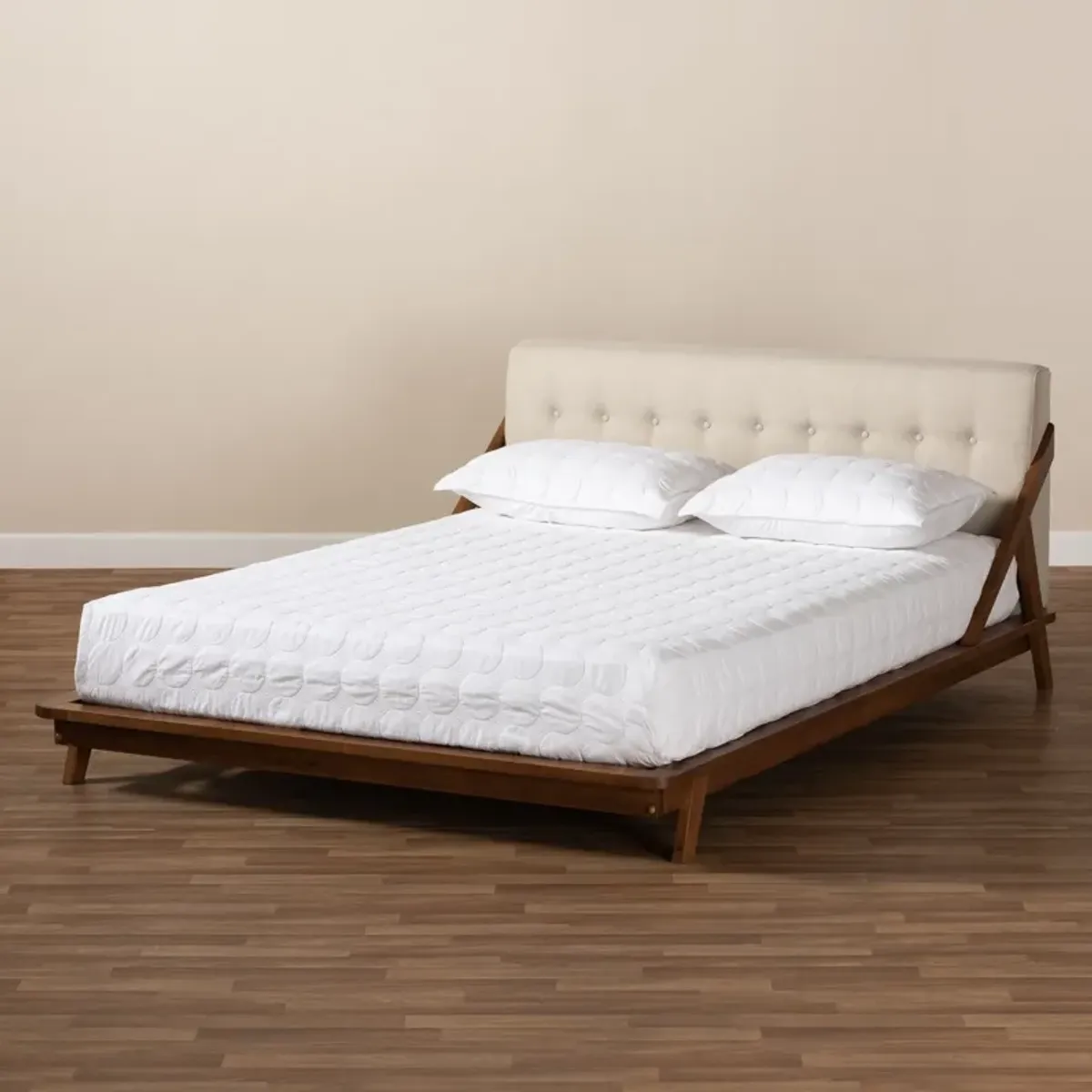 Damini Full Upholstered Platform Bed - Beige/Walnut