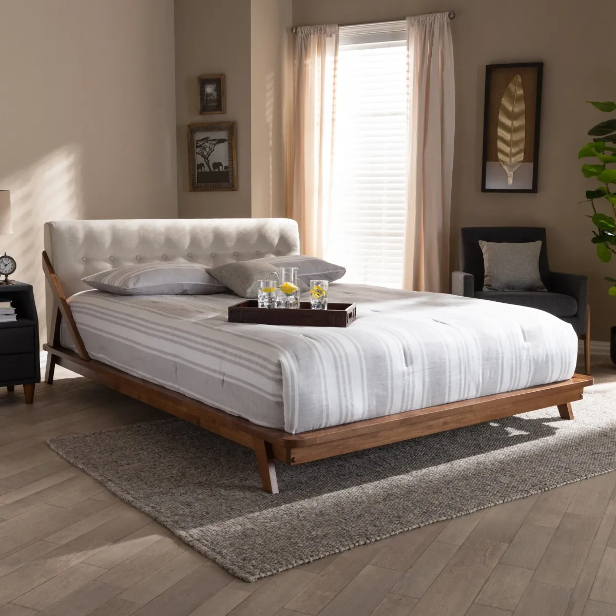 Damini Full Upholstered Platform Bed - Beige/Walnut