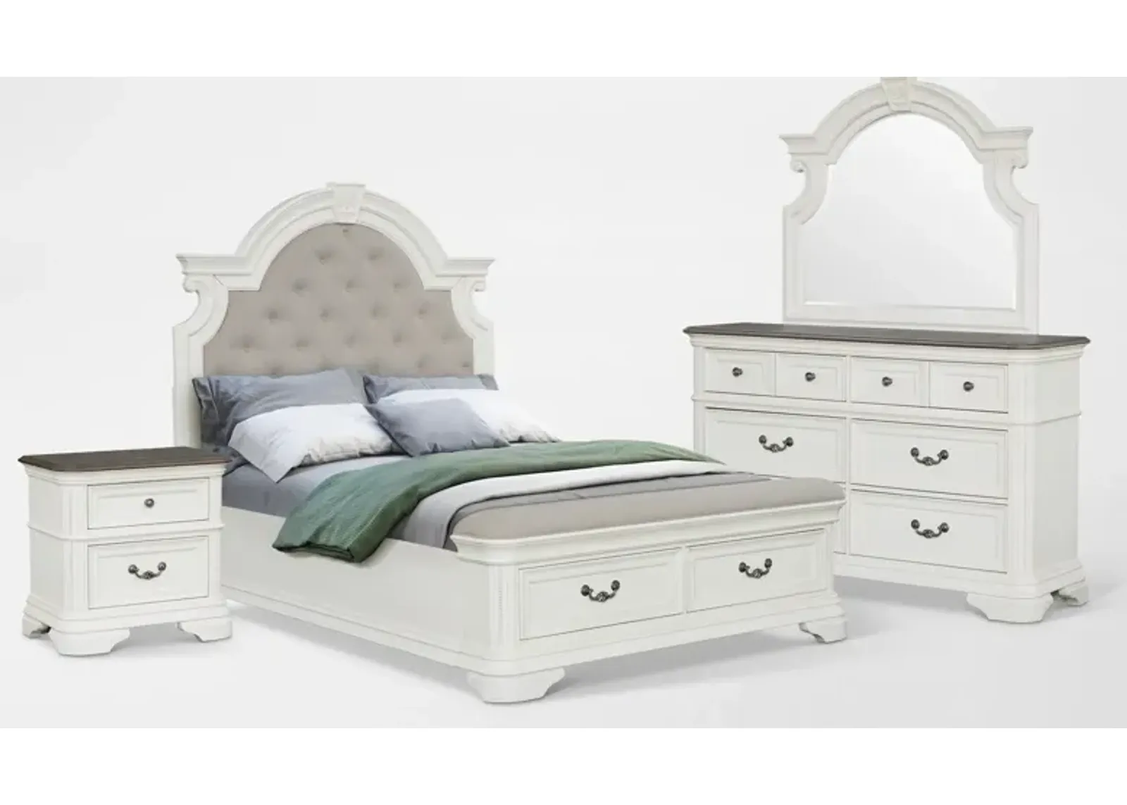 Mayfair 6-Piece King Upholstered Storage Bedroom Set with Nightstand, Dresser and Mirror