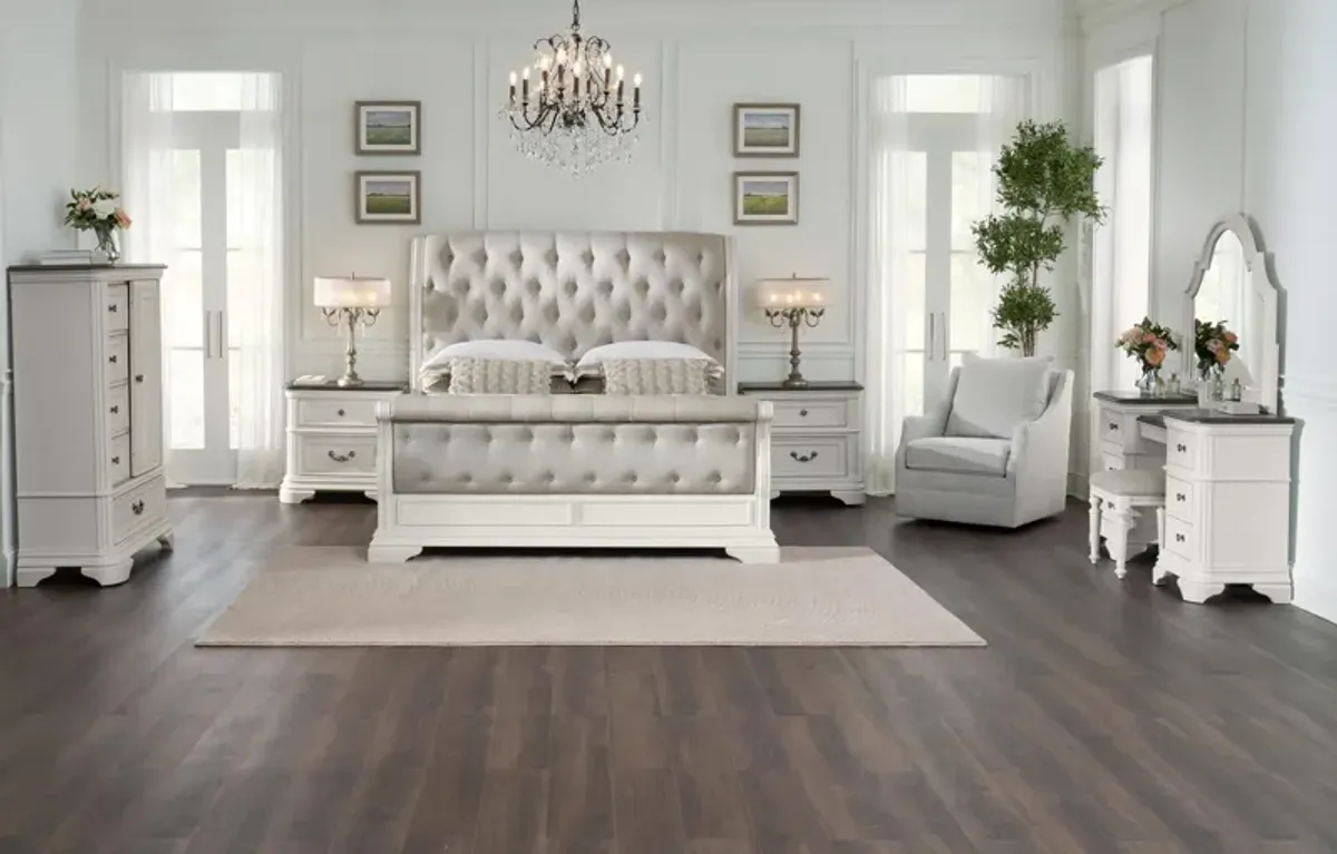 Mayfair 6-Piece King Upholstered Sleigh Bedroom Set with Nightstand, Dresser and Mirror