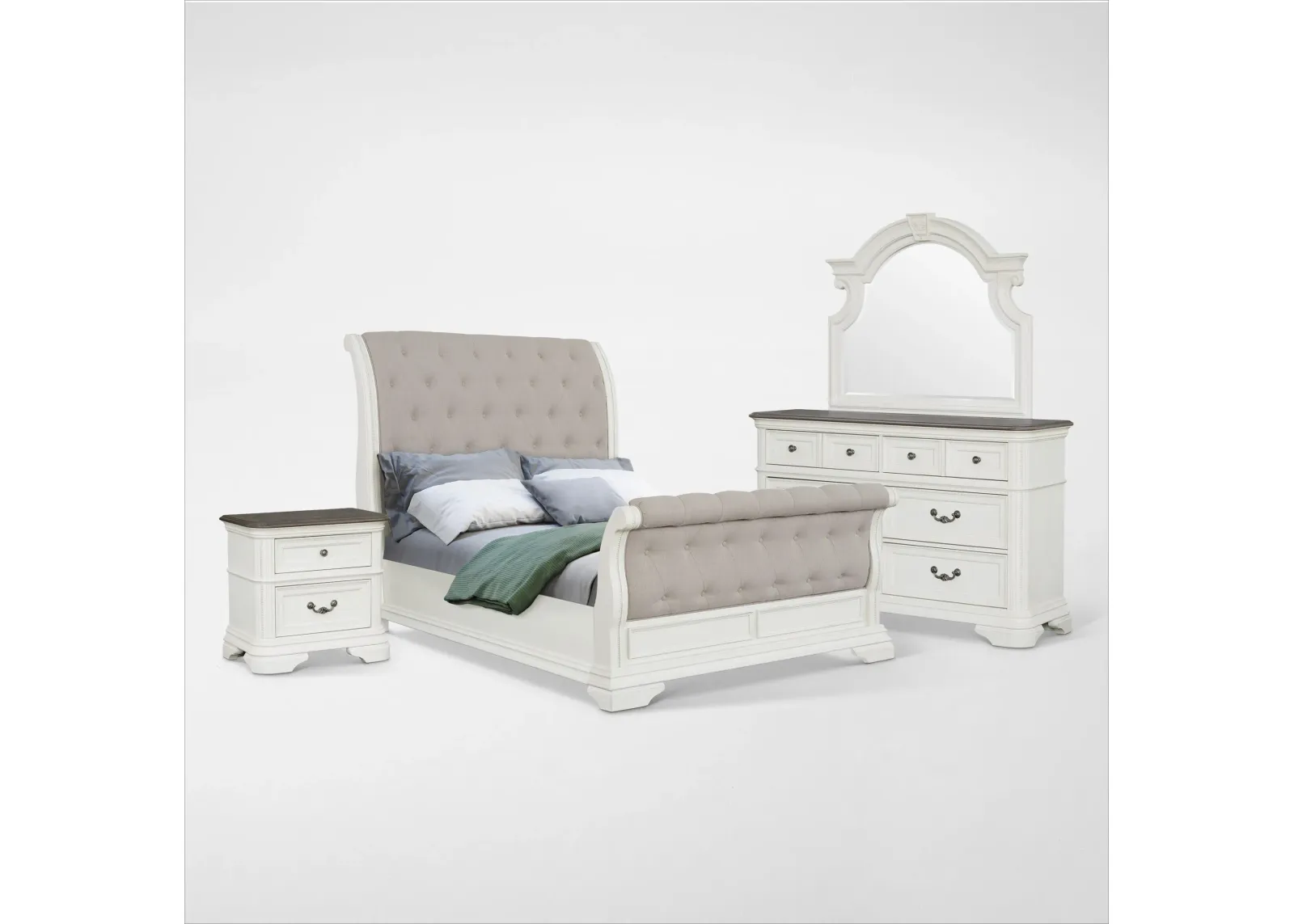 Mayfair 6-Piece Queen Upholstered Sleigh Bedroom Set with Nightstand, Dresser and Mirror