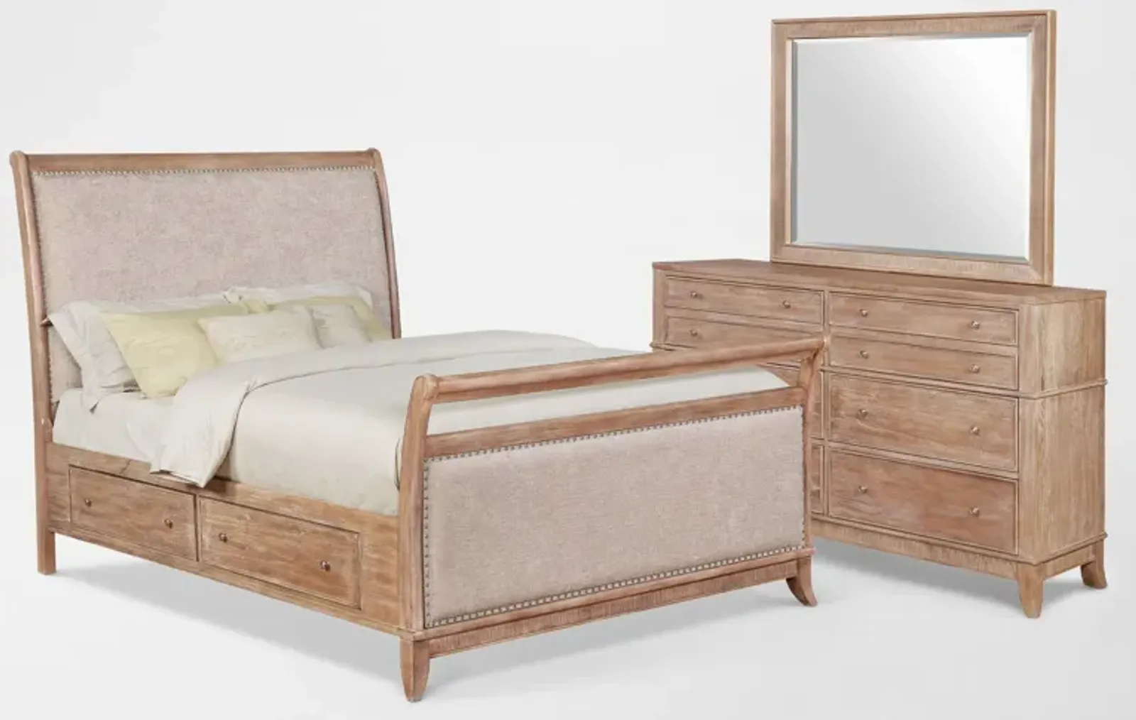 Hazel 5-Piece Queen Upholstered Bedroom Set with Dresser and Mirror - Latte