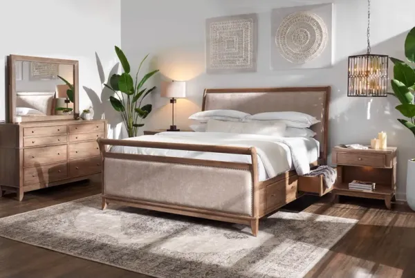 Hazel 6-Piece King Upholstered Bedroom Set with 1-Drawer Nightstand, Dresser and Mirror - Latte