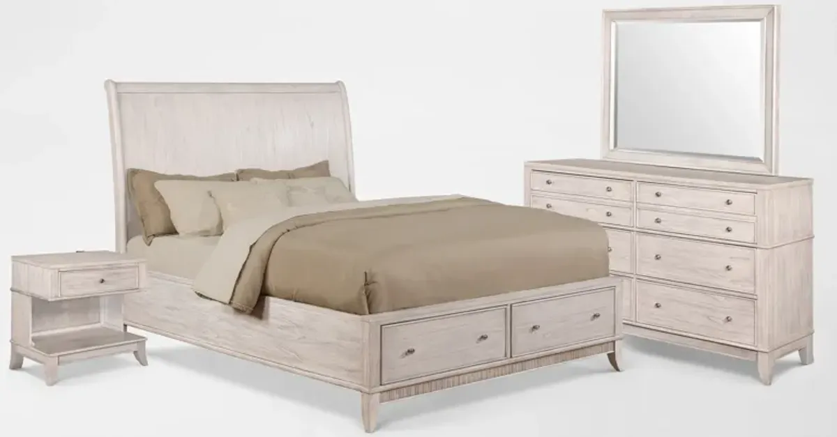 Hazel 6-Piece Queen Bedroom Set with 1-Drawer Nightstand, Dresser and Mirror - Water White