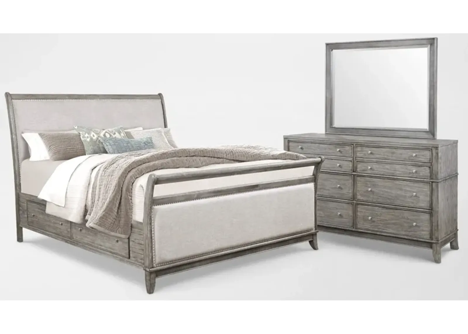 Hazel 5-Piece King Upholstered Storage Bedroom Set with Dresser and Mirror - Gray