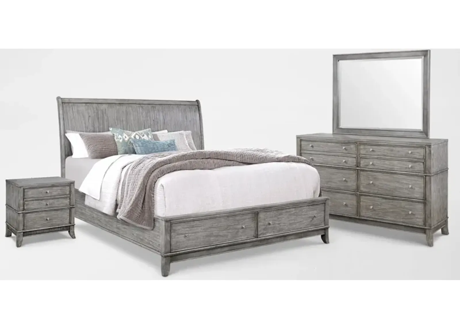 Hazel 6-Piece Queen Storage Bedroom Set with 2-Drawer Nightstand, Dresser and Mirror - Gray