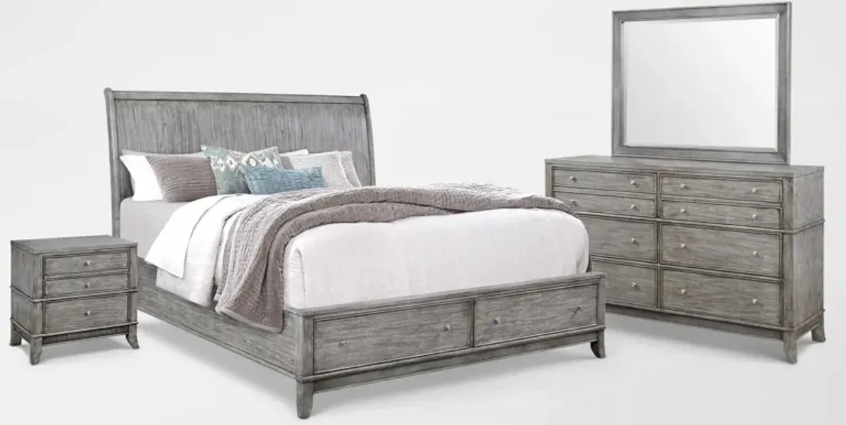 Hazel 6-Piece King Storage Bedroom Set with 2-Drawer Nightstand, Dresser and Mirror - Gray