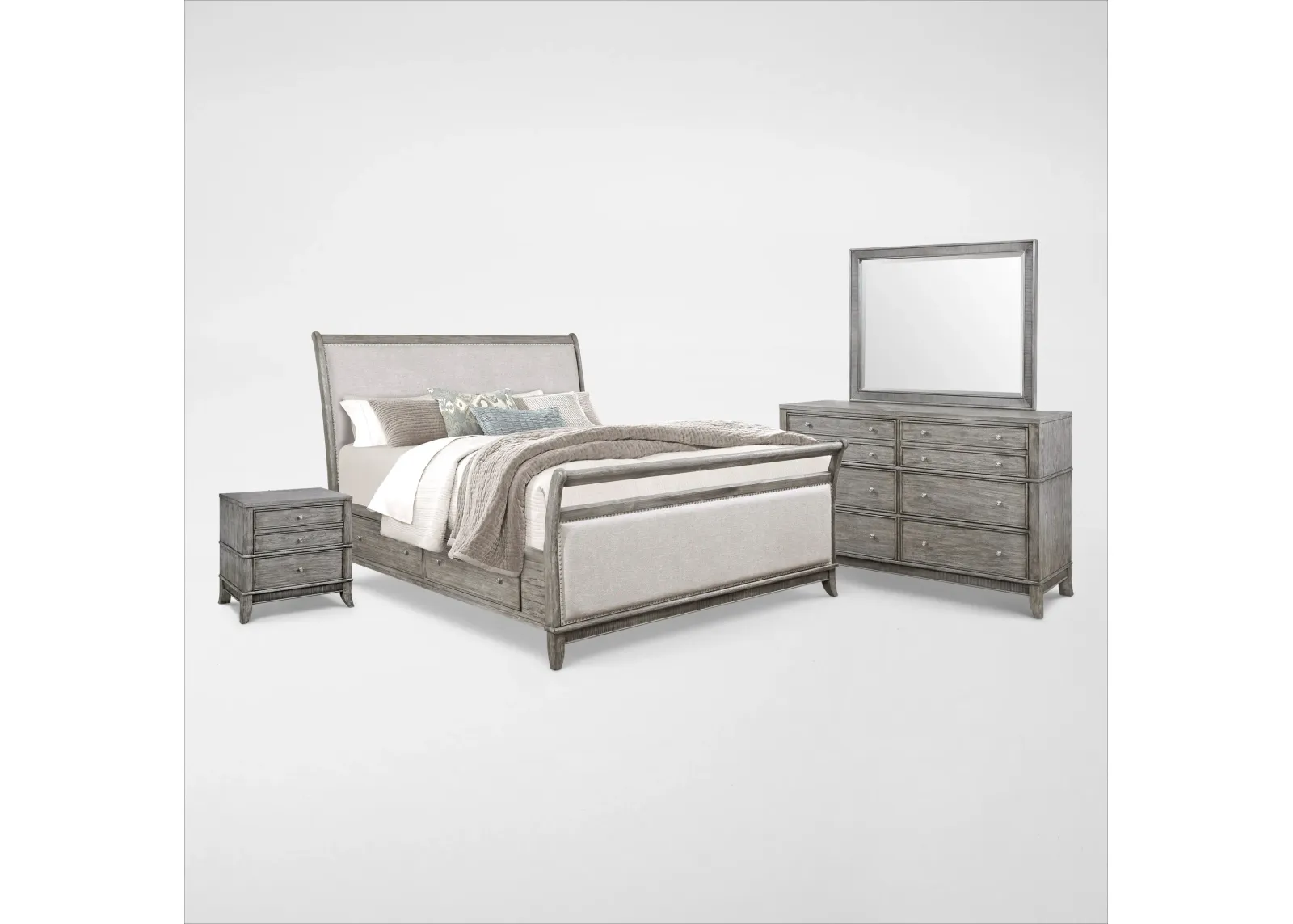 Hazel 6-Piece Queen Upholstered Bedroom Set with 2-Drawer Nightstand, Dresser and Mirror - Gray