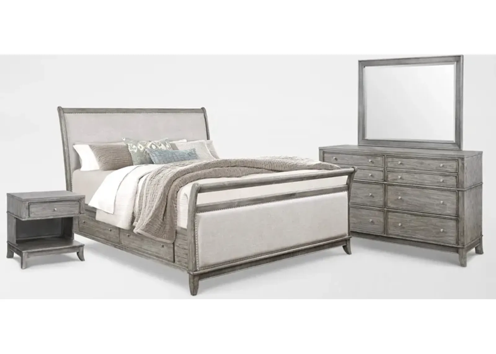 Hazel 6-Piece Queen Upholstered Bedroom Set with 1-Drawer Nightstand, Dresser and Mirror - Gray