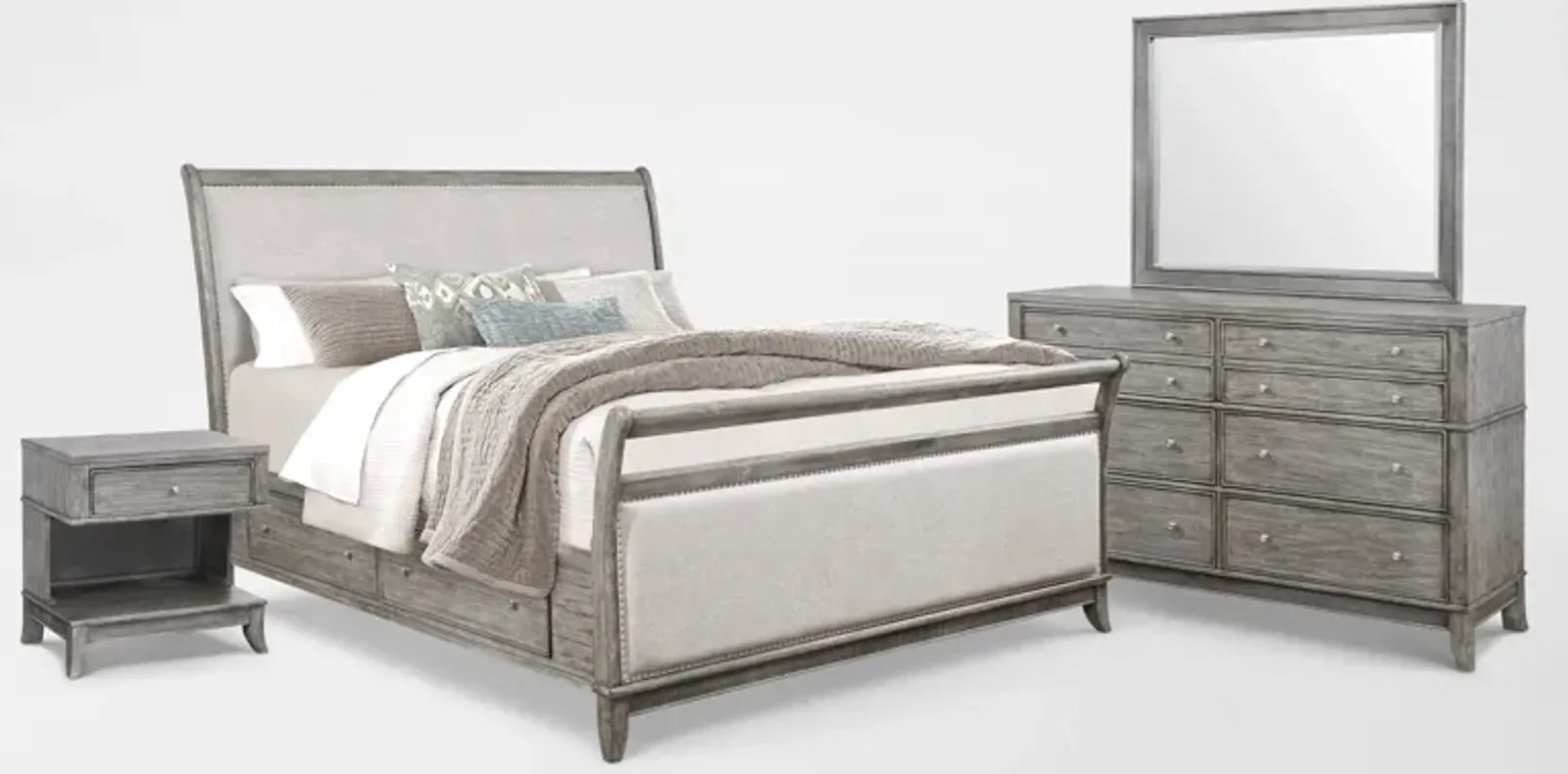 Hazel 6-Piece Queen Upholstered Bedroom Set with 1-Drawer Nightstand, Dresser and Mirror - Gray