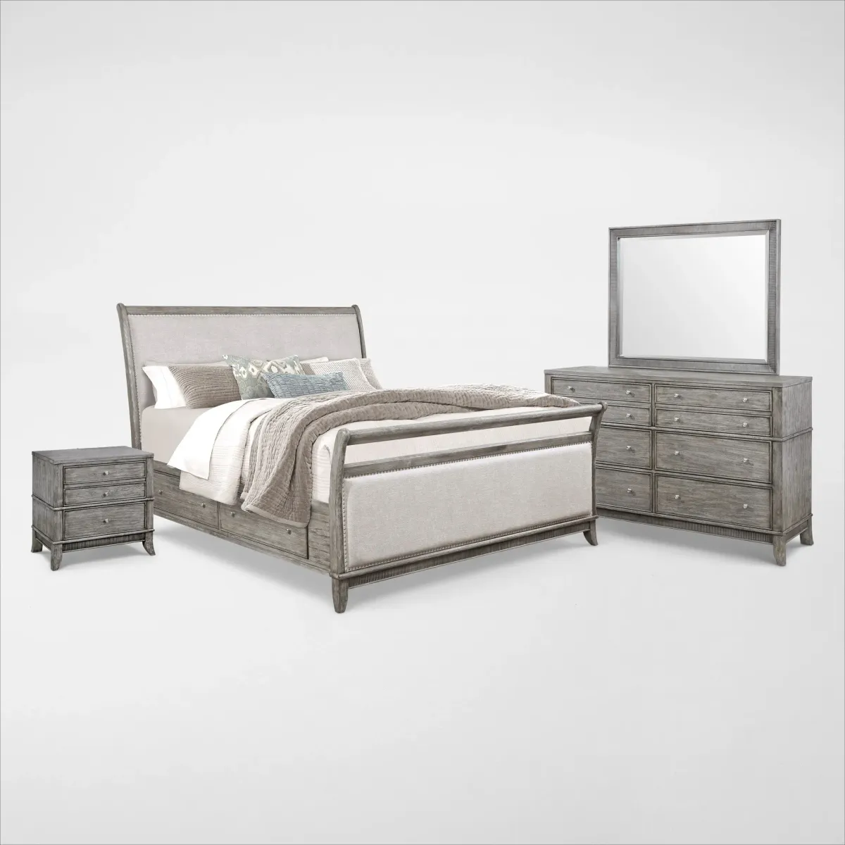 Hazel 6-Piece King Upholstered Bedroom Set with 2-Drawer Nightstand, Dresser and Mirror - Gray