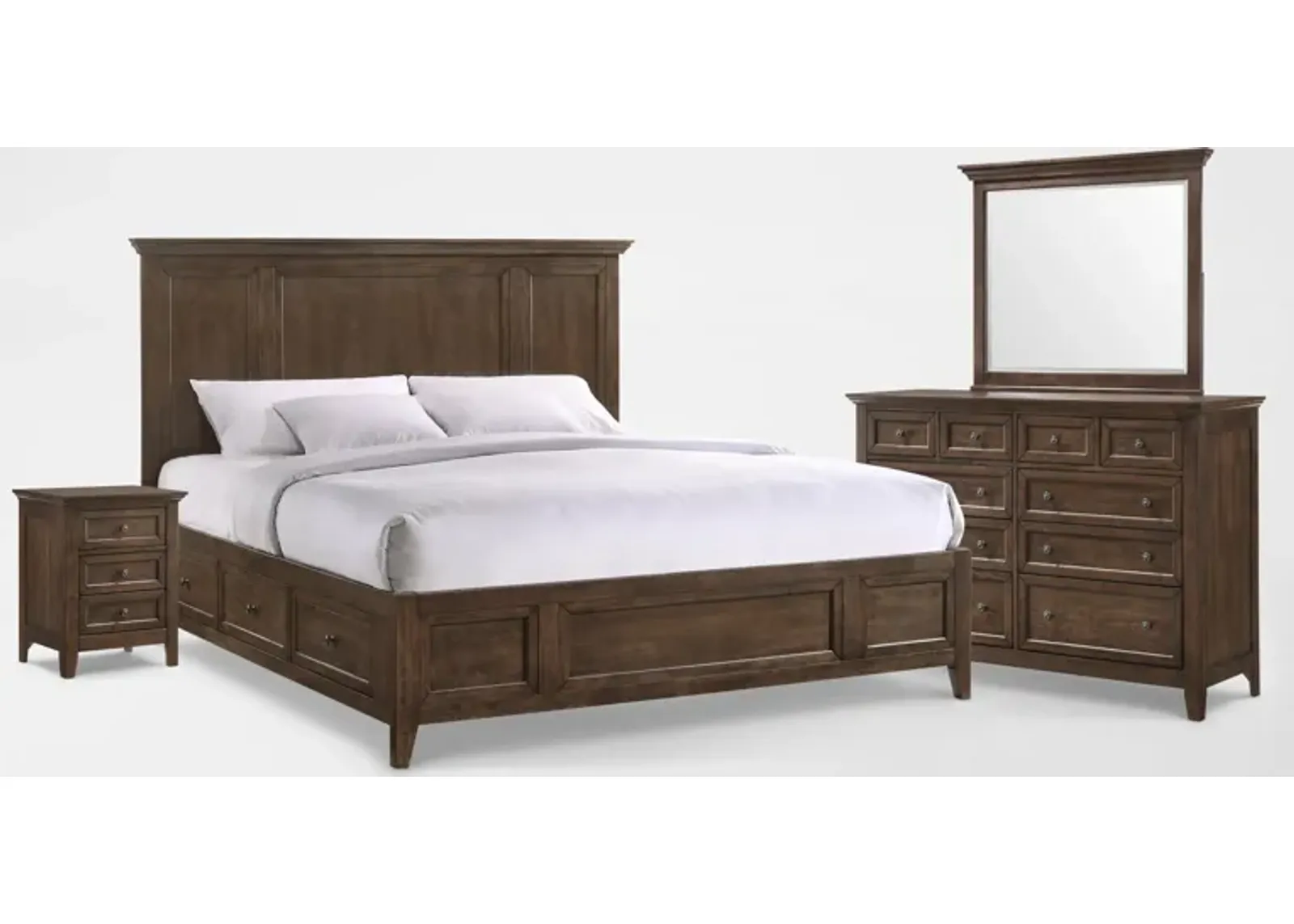 Lincoln 6-Piece King Storage Bedroom Set with Nightstand, Dresser and Mirror - Hickory